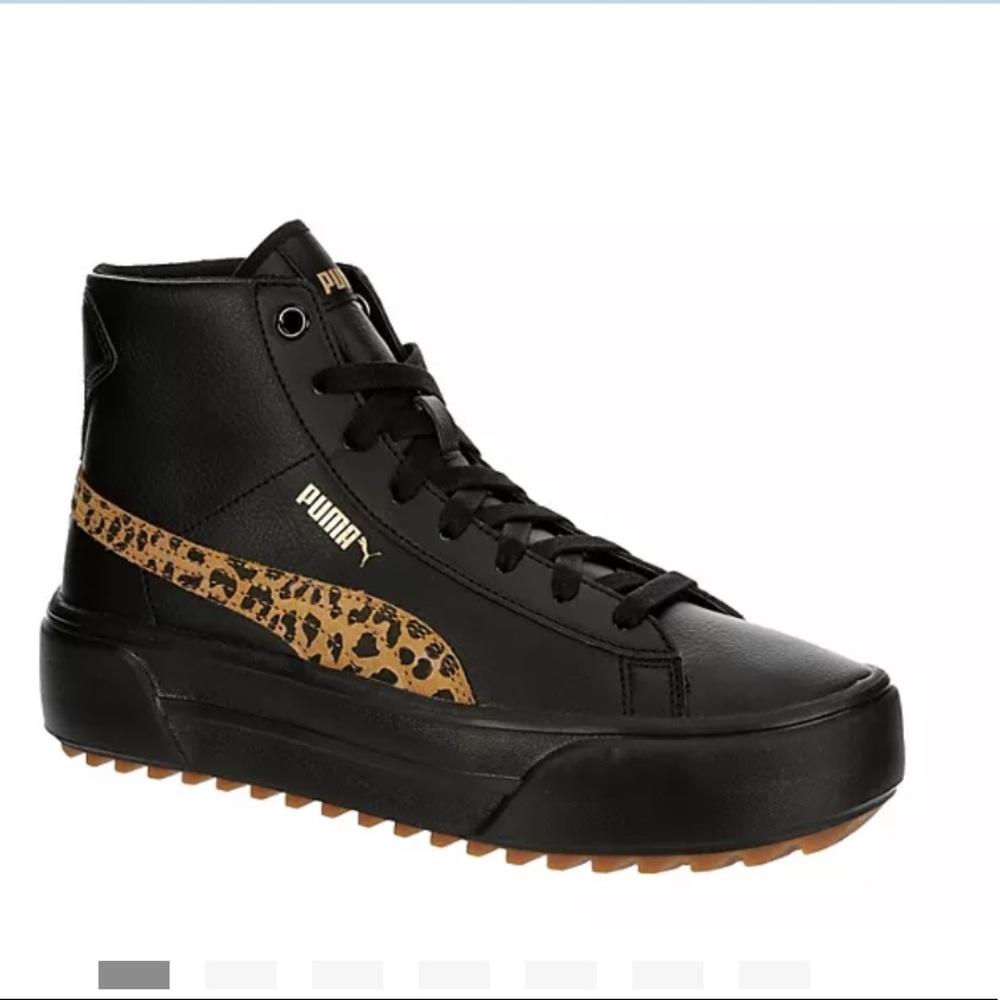 Puma platform high top black sneaker with leopard accent, size 9.5!